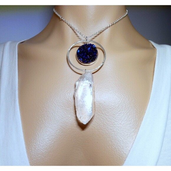 Natural Rock Crystal Quartz Point Titanium Blue Quartz Silver Necklace - Picture 4 of 6